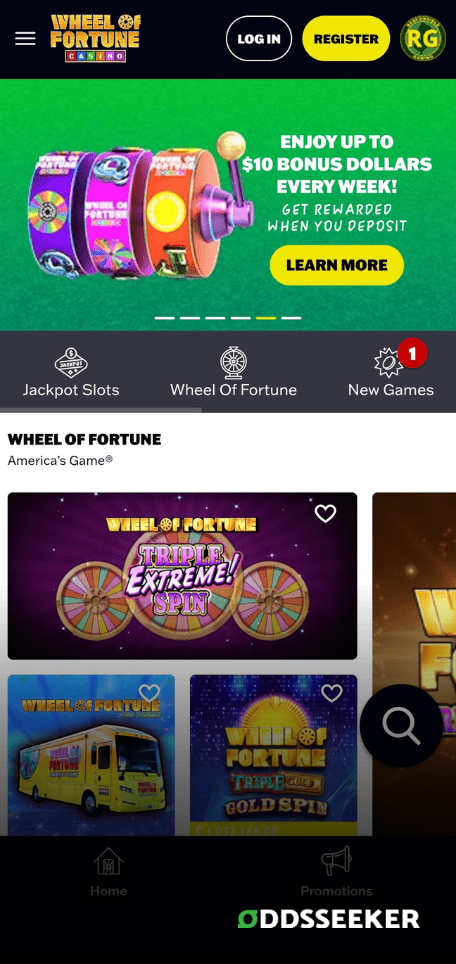 A screenshot of the mobile login page for Wheel Of Fortune